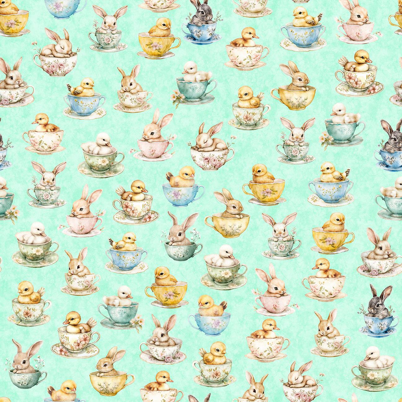 Image of QT Cuties 3 Bunnies & Chicks in Teacups Light Aqua quilting cotton fabric by Morris Creative Group for QT Fabrics. Features rabbits and chicks on a blue background. Cute Little Fabric Shop.