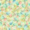 Image of QT Cuties 3 Easter Eggs Light Blue quilting cotton fabric by Morris Creative Group for QT Fabrics. Features eggs on a green background. Cute Little Fabric Shop.