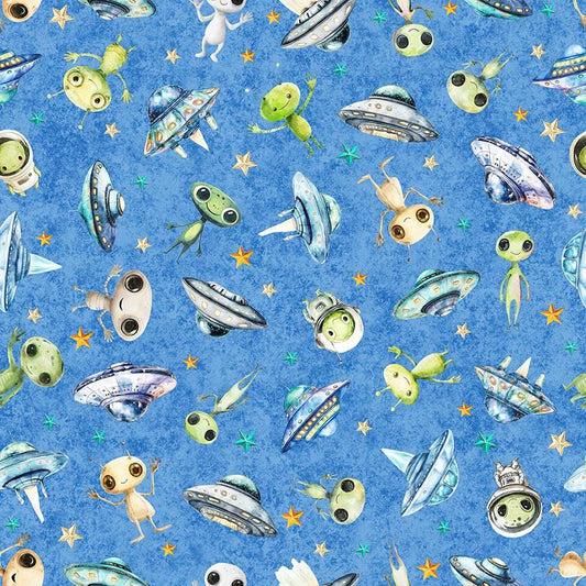 Image of QT Cuties 3 Aliens Blue quilting cotton fabric by Morris Creative Group for QT Fabrics. Features aliens on a blue background. Cute Little Fabric Shop.
