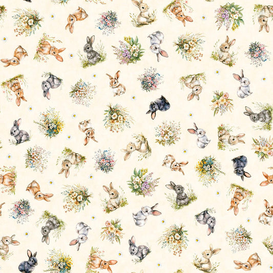 Image of QT Cuties 3 Bunnies & Floral Cream quilting cotton fabric by Morris Creative Group for QT Fabrics. Features rabbits and flowers on a cream background. Cute Little Fabric Shop.