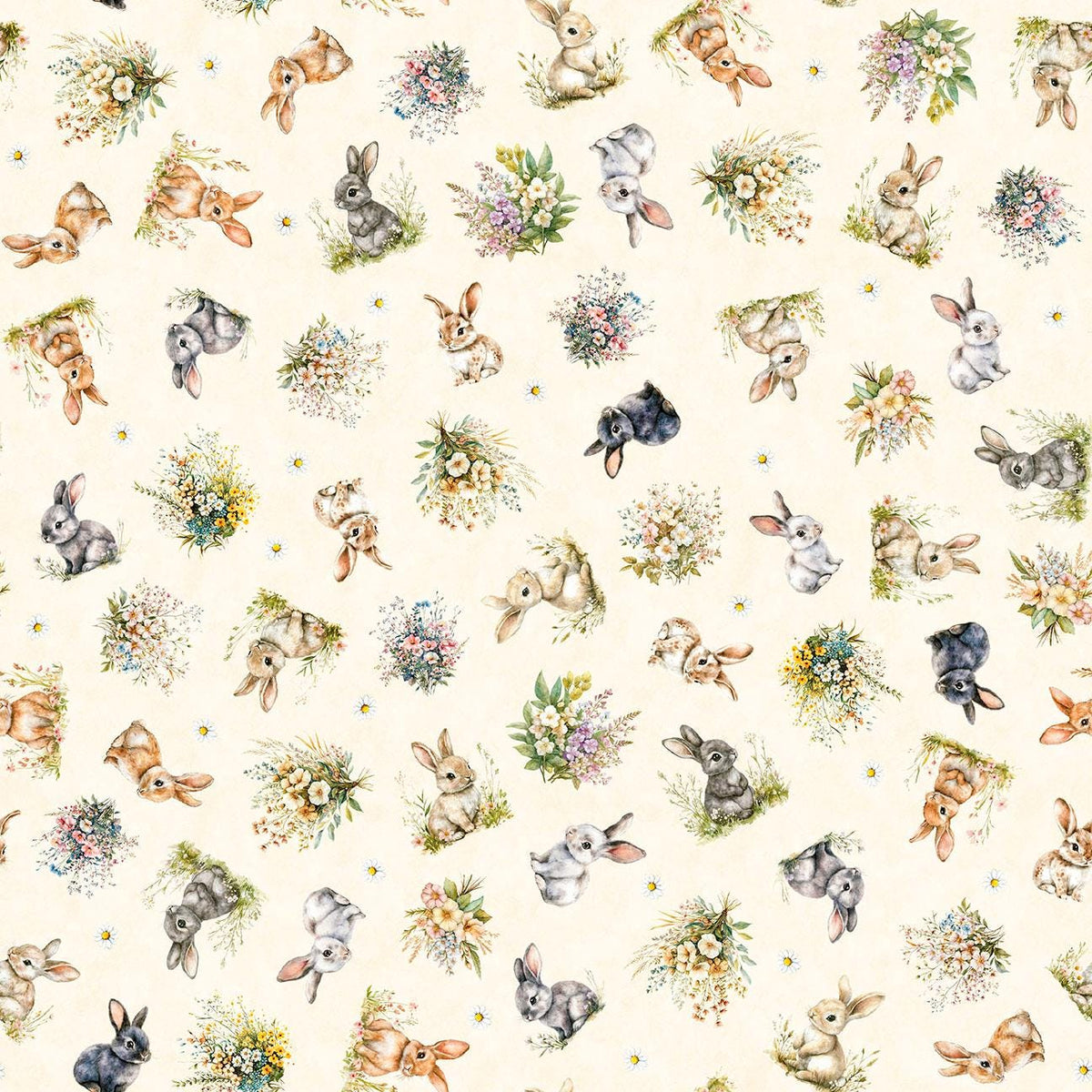 Image of QT Cuties 3 Bunnies & Floral Cream quilting cotton fabric by Morris Creative Group for QT Fabrics. Features rabbits and flowers on a cream background. Cute Little Fabric Shop.