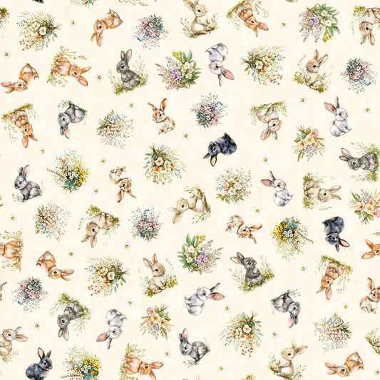 Image of QT Cuties 3 Bunnies & Floral Cream quilting cotton fabric by Morris Creative Group for QT Fabrics. Features rabbits and flowers on a cream background. Cute Little Fabric Shop.