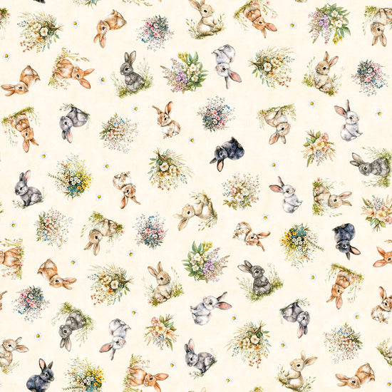 Image of QT Cuties 3 Bunnies & Floral Cream quilting cotton fabric by Morris Creative Group for QT Fabrics. Features rabbits and flowers on a cream background. Cute Little Fabric Shop.