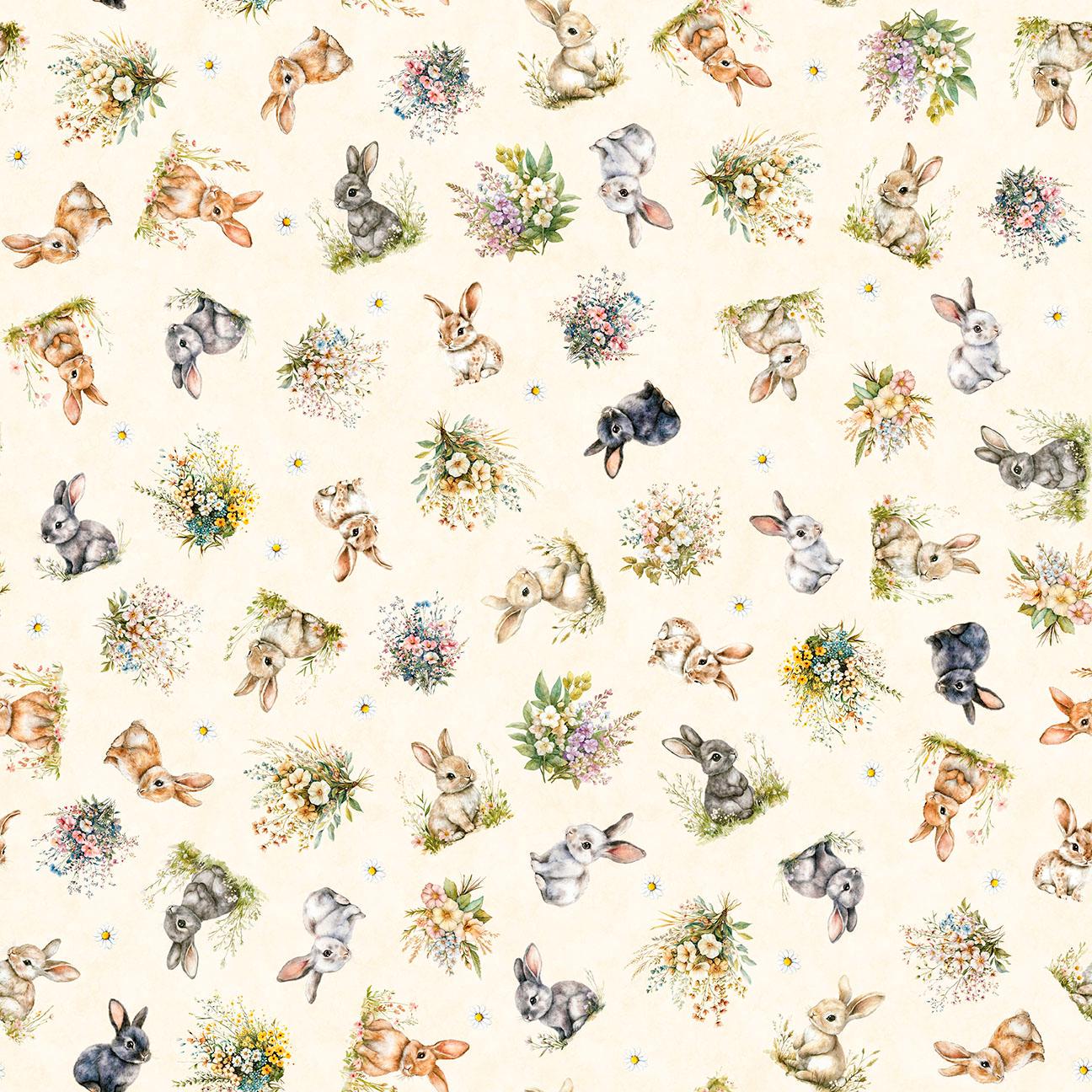 Image of QT Cuties 3 Bunnies & Floral Cream quilting cotton fabric by Morris Creative Group for QT Fabrics. Features rabbits and flowers on a cream background. Cute Little Fabric Shop.