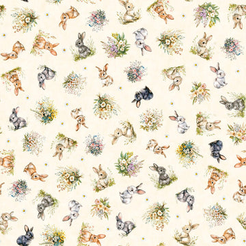 Image of QT Cuties 3 Bunnies & Floral Cream quilting cotton fabric by Morris Creative Group for QT Fabrics. Features rabbits and flowers on a cream background. Cute Little Fabric Shop.