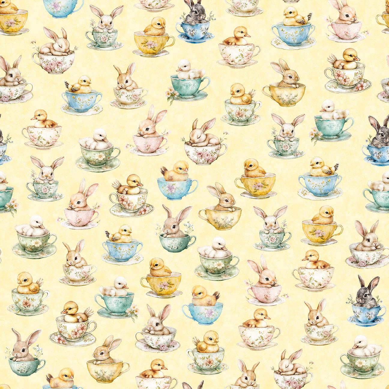 Image of QT Cuties 3 Bunnies & Chicks in Teacups Light Yellow quilting cotton fabric by Morris Creative Group for QT Fabrics. Features rabbits and chicks on a yellow background. Cute Little Fabric Shop.