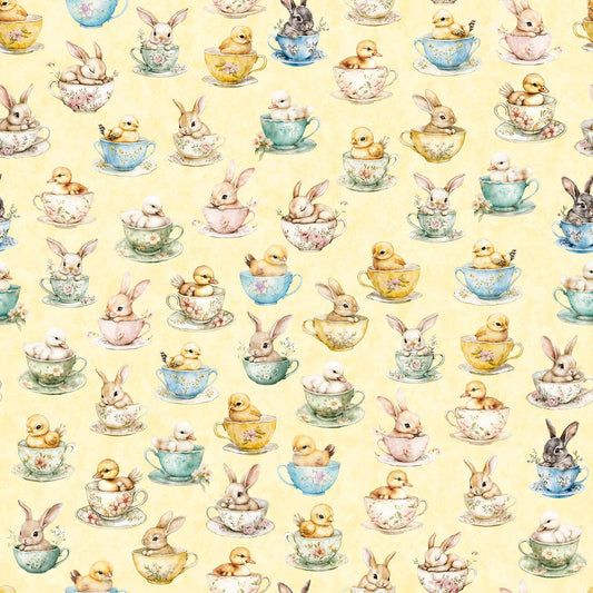 Image of QT Cuties 3 Bunnies & Chicks in Teacups Light Yellow quilting cotton fabric by Morris Creative Group for QT Fabrics. Features rabbits and chicks on a yellow background. Cute Little Fabric Shop.