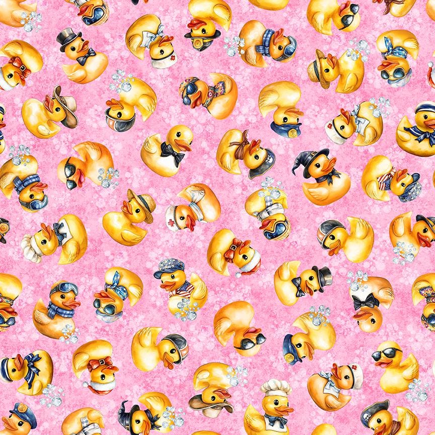 Image of QT Cuties 3 Rubber Duckies Pink quilting cotton fabric by Morris Creative Group for QT Fabrics. Features ducks on a pink background. Cute Little Fabric Shop.
