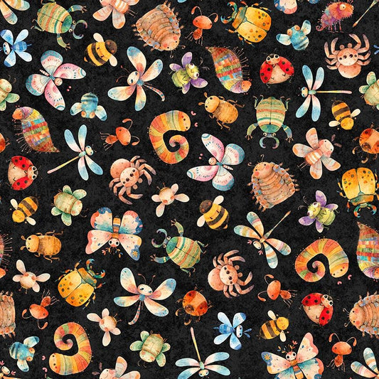 Image of QT Cuties 3 Bugs Black quilting cotton fabric by Morris Creative Group for QT Fabrics. Features bugs on a black background. Cute Little Fabric Shop.