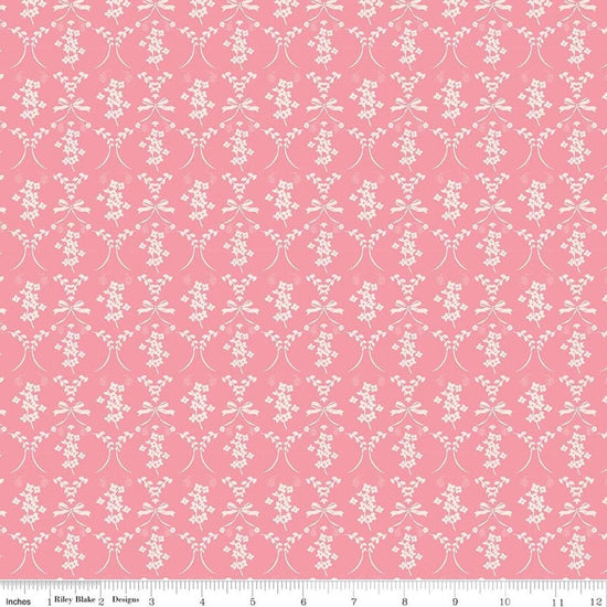 Image of Sweet Pink Flowers & Bows Pink quilting cotton fabric by My Mind's Eye for Riley Blake Design. Features flowers on a pink background. Cute Little Fabric Shop.