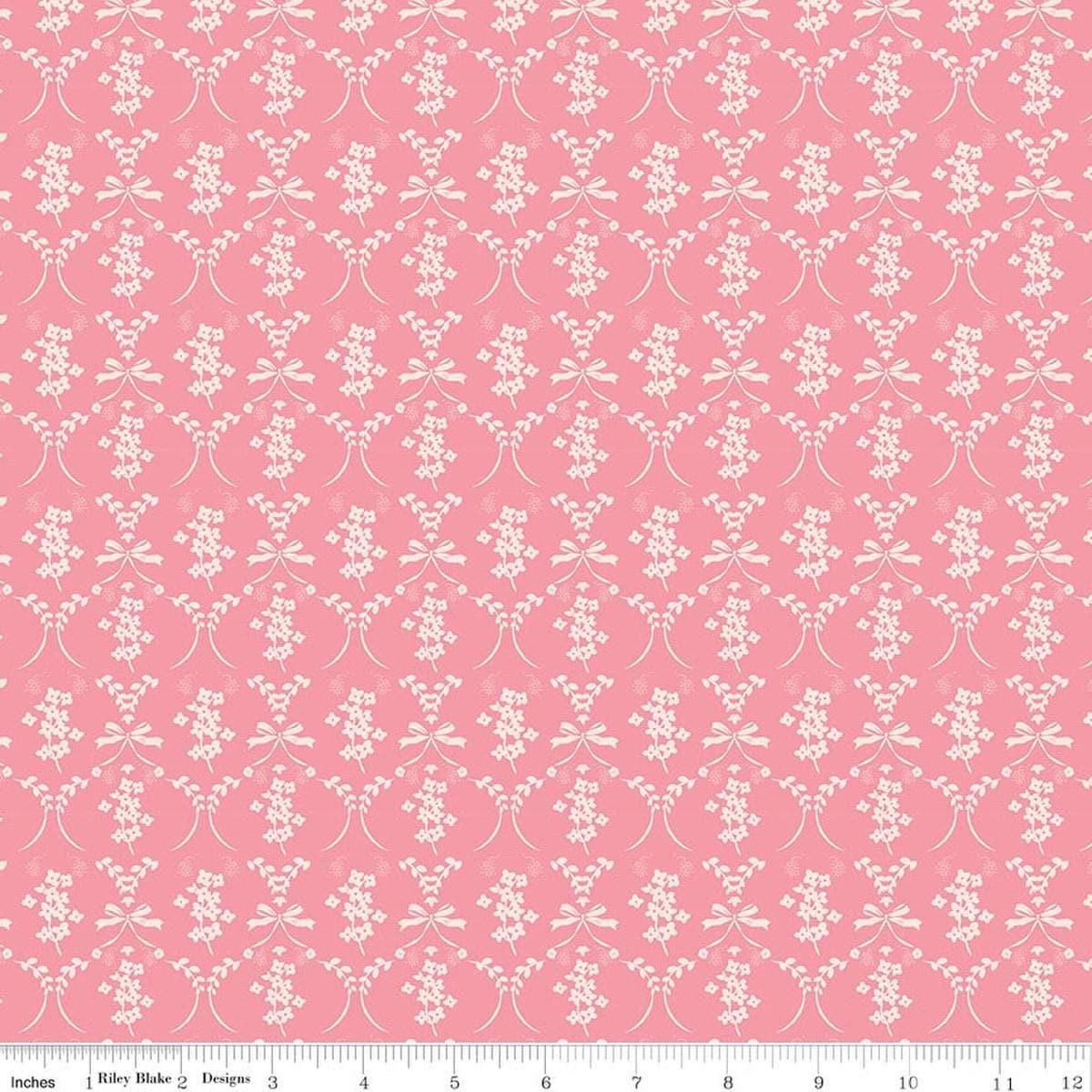 Image of Sweet Pink Flowers & Bows Pink quilting cotton fabric by My Mind's Eye for Riley Blake Design. Features flowers on a pink background. Cute Little Fabric Shop.
