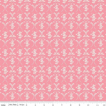 Image of Sweet Pink Flowers & Bows Pink quilting cotton fabric by My Mind's Eye for Riley Blake Design. Features flowers on a pink background. Cute Little Fabric Shop.