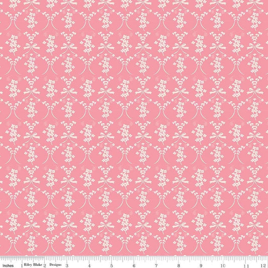 Image of Sweet Pink Flowers & Bows Pink quilting cotton fabric by My Mind's Eye for Riley Blake Design. Features flowers on a pink background. Cute Little Fabric Shop.