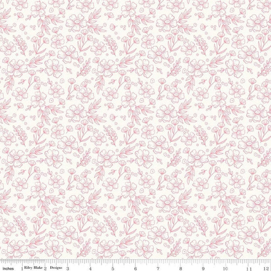 Image of Sweet Pink Floral Cream quilting cotton fabric by My Mind's Eye for Riley Blake Design. Features flowers on a cream background. Cute Little Fabric Shop.