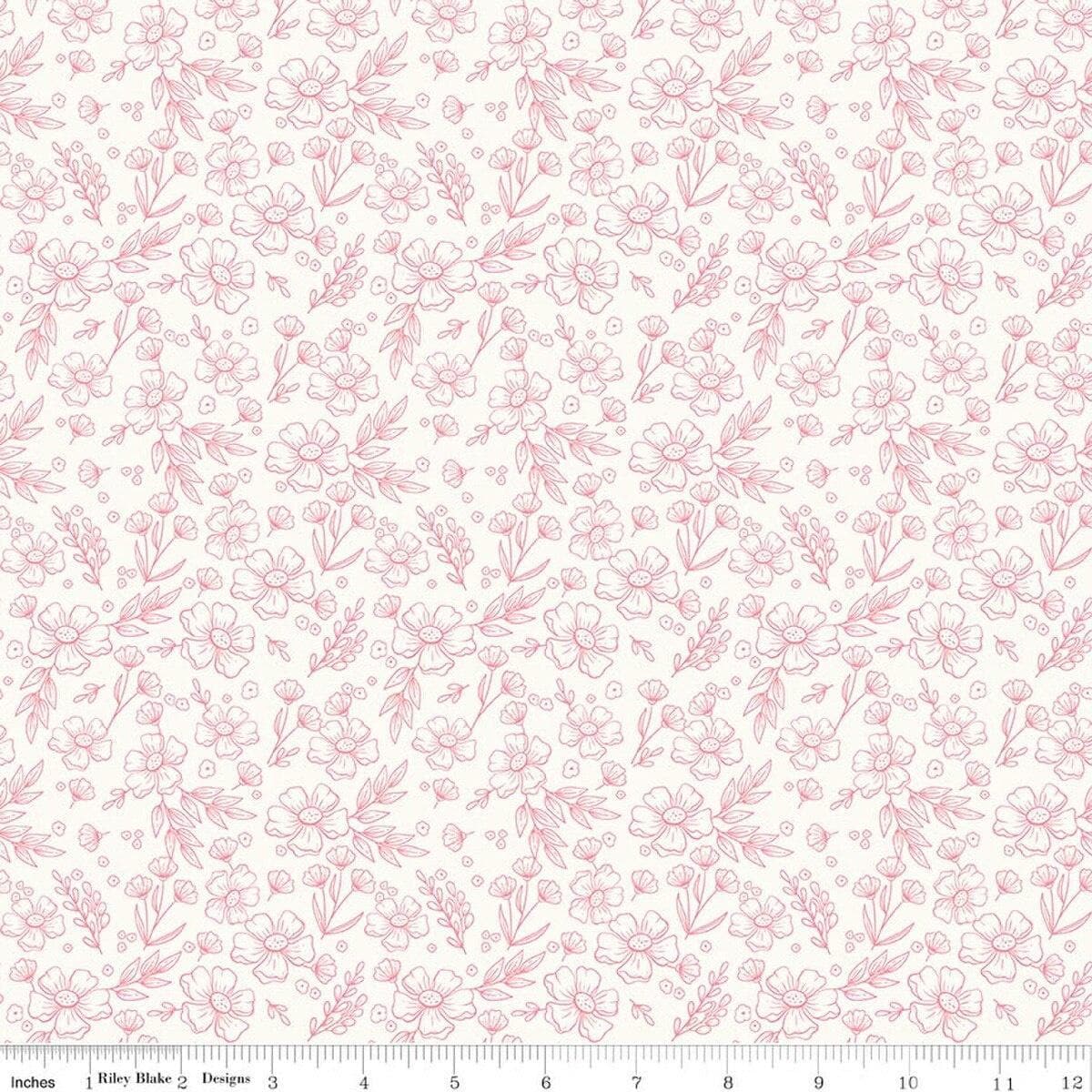 Image of Sweet Pink Floral Cream quilting cotton fabric by My Mind's Eye for Riley Blake Design. Features flowers on a cream background. Cute Little Fabric Shop.