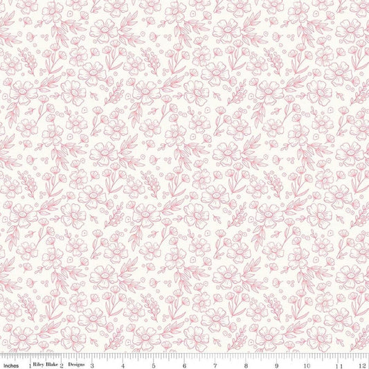 Image of Sweet Pink Floral Cream quilting cotton fabric by My Mind's Eye for Riley Blake Design. Features flowers on a cream background. Cute Little Fabric Shop.