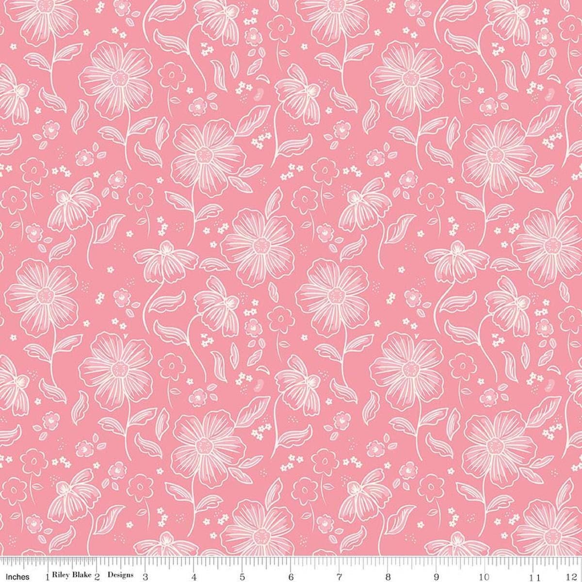 Image of Sweet Pink Main Pink quilting cotton fabric by My Mind's Eye for Riley Blake Design. Features flowers on a pink background. Cute Little Fabric Shop.