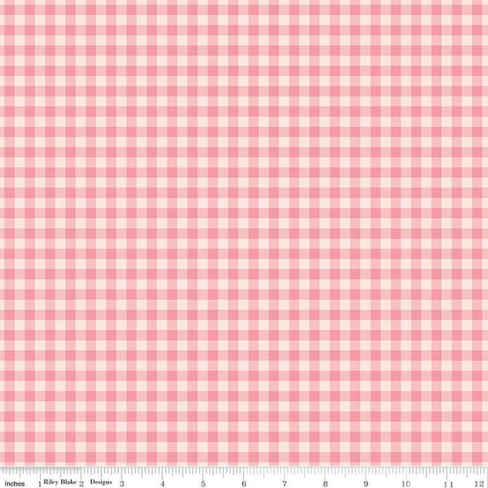 Image of Sweet Pink Gingham Blush quilting cotton fabric by My Mind's Eye for Riley Blake Design. Features gingham on a pink background. Cute Little Fabric Shop.