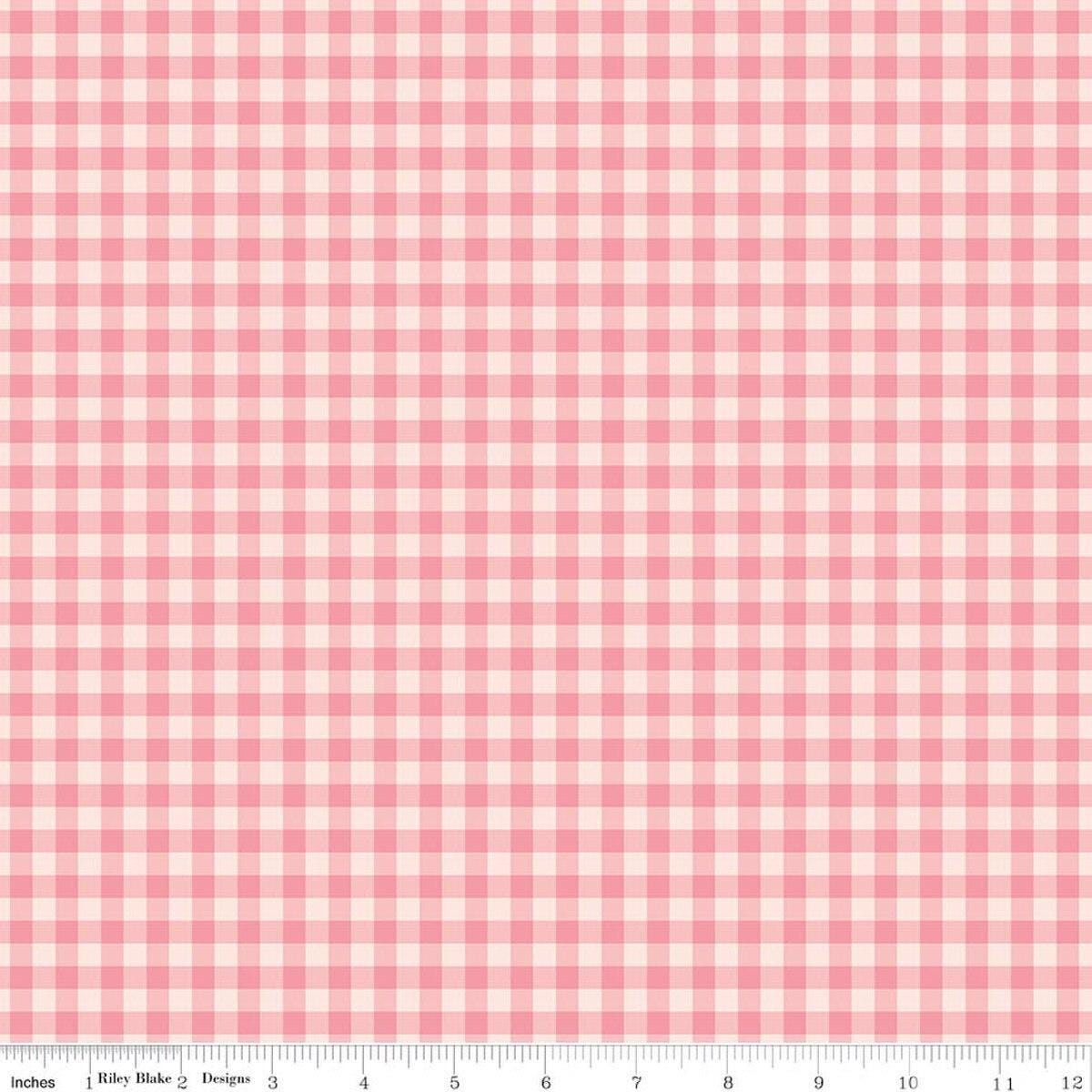 Image of Sweet Pink Gingham Blush quilting cotton fabric by My Mind's Eye for Riley Blake Design. Features gingham on a pink background. Cute Little Fabric Shop.