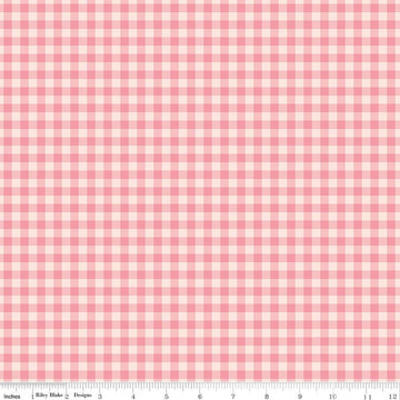 Image of Sweet Pink Gingham Blush quilting cotton fabric by My Mind's Eye for Riley Blake Design. Features gingham on a pink background. Cute Little Fabric Shop.