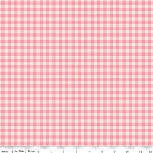 Image of Sweet Pink Gingham Blush quilting cotton fabric by My Mind's Eye for Riley Blake Design. Features gingham on a pink background. Cute Little Fabric Shop.