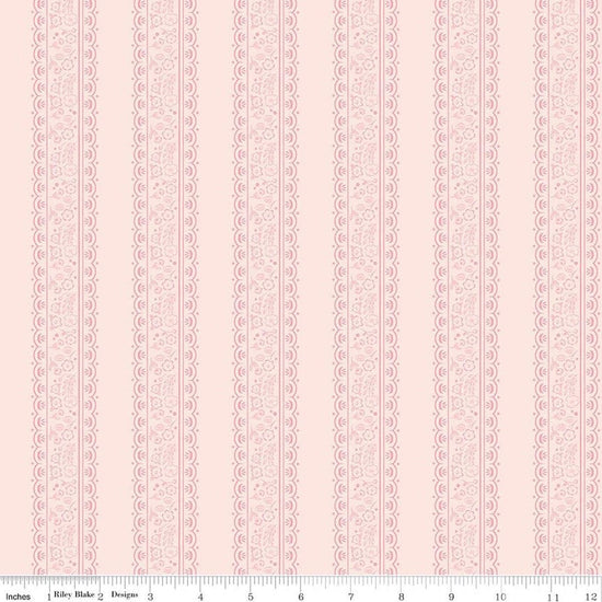 Image of Sweet Pink Floral Stripes Blush quilting cotton fabric by My Mind's Eye for Riley Blake Design. Features flowers on a pink background. Cute Little Fabric Shop.