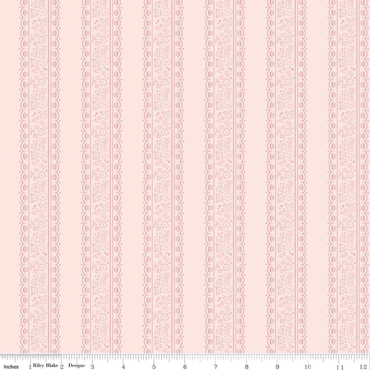 Image of Sweet Pink Floral Stripes Blush quilting cotton fabric by My Mind's Eye for Riley Blake Design. Features flowers on a pink background. Cute Little Fabric Shop.