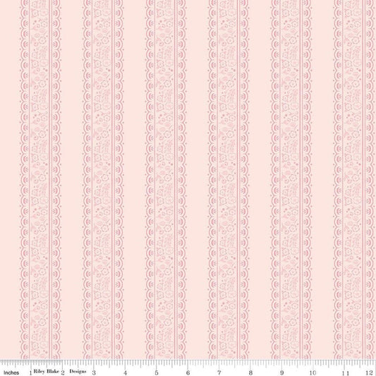 Image of Sweet Pink Floral Stripes Blush quilting cotton fabric by My Mind's Eye for Riley Blake Design. Features flowers on a pink background. Cute Little Fabric Shop.