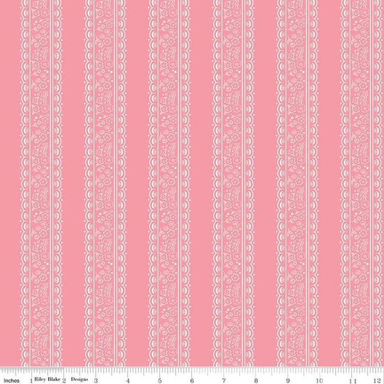 Image of Sweet Pink Floral Stripes Pink quilting cotton fabric by My Mind's Eye for Riley Blake Design. Features flowers on a pink background. Cute Little Fabric Shop.