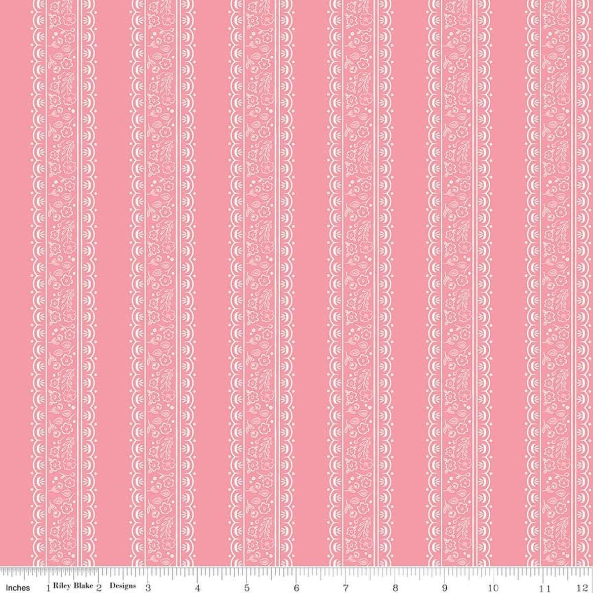 Image of Sweet Pink Floral Stripes Pink quilting cotton fabric by My Mind's Eye for Riley Blake Design. Features flowers on a pink background. Cute Little Fabric Shop.