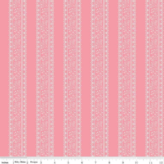 Image of Sweet Pink Floral Stripes Pink quilting cotton fabric by My Mind's Eye for Riley Blake Design. Features flowers on a pink background. Cute Little Fabric Shop.