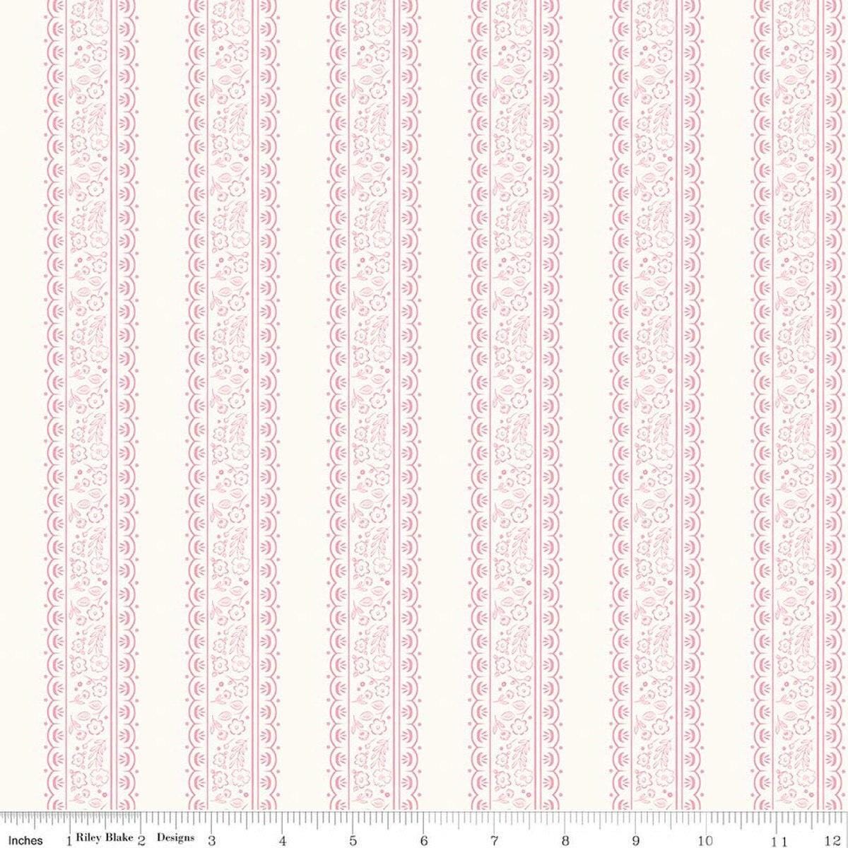 Image of Sweet Pink Floral Stripes Cream quilting cotton fabric by My Mind's Eye for Riley Blake Design. Features flowers on a cream background. Cute Little Fabric Shop.