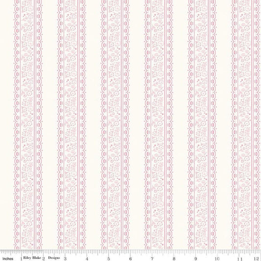 Image of Sweet Pink Floral Stripes Cream quilting cotton fabric by My Mind's Eye for Riley Blake Design. Features flowers on a cream background. Cute Little Fabric Shop.
