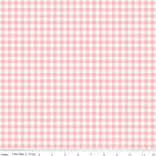 Image of Sweet Pink Gingham Pink quilting cotton fabric by My Mind's Eye for Riley Blake Design. Features flowers on a pink background. Cute Little Fabric Shop.