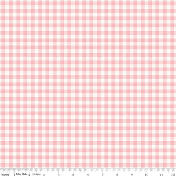Image of Sweet Pink Gingham Pink quilting cotton fabric by My Mind's Eye for Riley Blake Design. Features flowers on a pink background. Cute Little Fabric Shop.