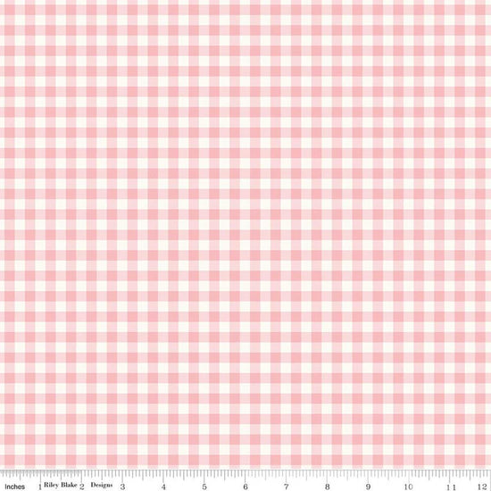 Image of Sweet Pink Gingham Pink quilting cotton fabric by My Mind's Eye for Riley Blake Design. Features flowers on a pink background. Cute Little Fabric Shop.