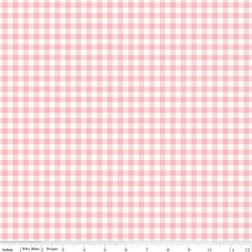 Image of Sweet Pink Gingham Pink quilting cotton fabric by My Mind's Eye for Riley Blake Design. Features flowers on a pink background. Cute Little Fabric Shop.