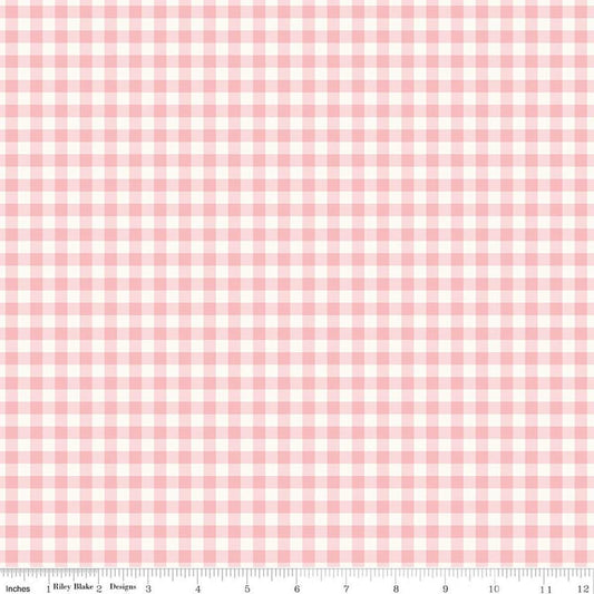 Image of Sweet Pink Gingham Pink quilting cotton fabric by My Mind's Eye for Riley Blake Design. Features flowers on a pink background. Cute Little Fabric Shop.