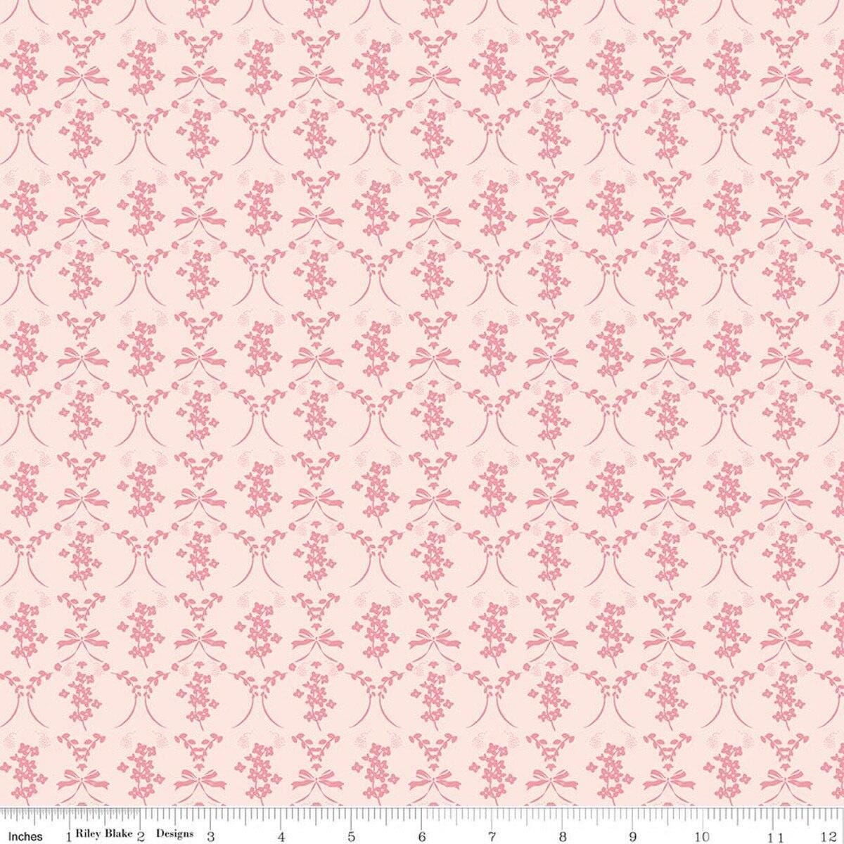Image of Sweet Pink Flowers & Bows Blush quilting cotton fabric by My Mind's Eye for Riley Blake Design. Features flowers on a pink background. Cute Little Fabric Shop.