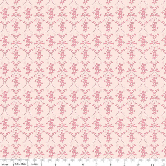 Image of Sweet Pink Flowers & Bows Blush quilting cotton fabric by My Mind's Eye for Riley Blake Design. Features flowers on a pink background. Cute Little Fabric Shop.