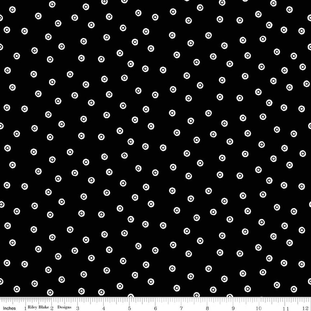 Image of Scary Scraps Dress Dots Black quilting cotton fabric by J Wecker Frisch for Riley Blake Designs. Features dots on a black background. Cute Little Fabric Shop.