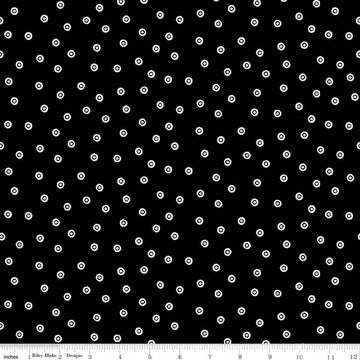 Image of Scary Scraps Dress Dots Black quilting cotton fabric by J Wecker Frisch for Riley Blake Designs. Features dots on a black background. Cute Little Fabric Shop.