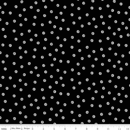 Image of Scary Scraps Dress Dots Black quilting cotton fabric by J Wecker Frisch for Riley Blake Designs. Features dots on a black background. Cute Little Fabric Shop.