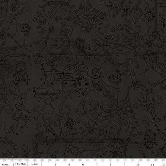 Image of Scary Scraps Scary Stitches Black quilting cotton fabric by J Wecker Frisch for Riley Blake Designs. Features vintage on a black background. Cute Little Fabric Shop.