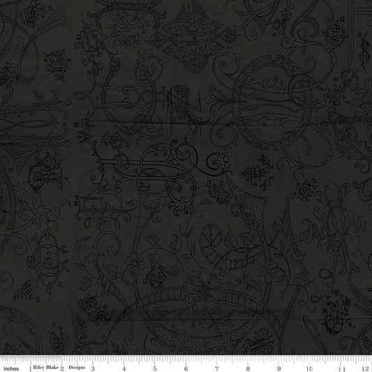Image of Scary Scraps Scary Stitches Black quilting cotton fabric by J Wecker Frisch for Riley Blake Designs. Features vintage on a black background. Cute Little Fabric Shop.