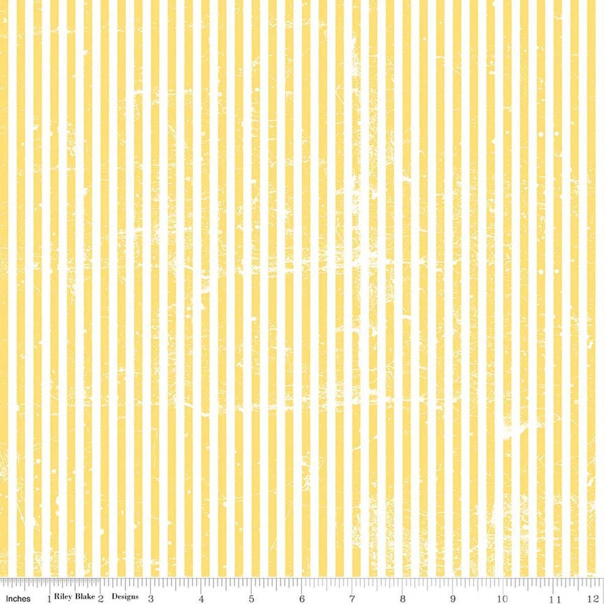 Image of Scary Scraps Stressed Stripes Yellow quilting cotton fabric by J Wecker Frisch for Riley Blake Designs. Features stripes on a yellow background. Cute Little Fabric Shop.