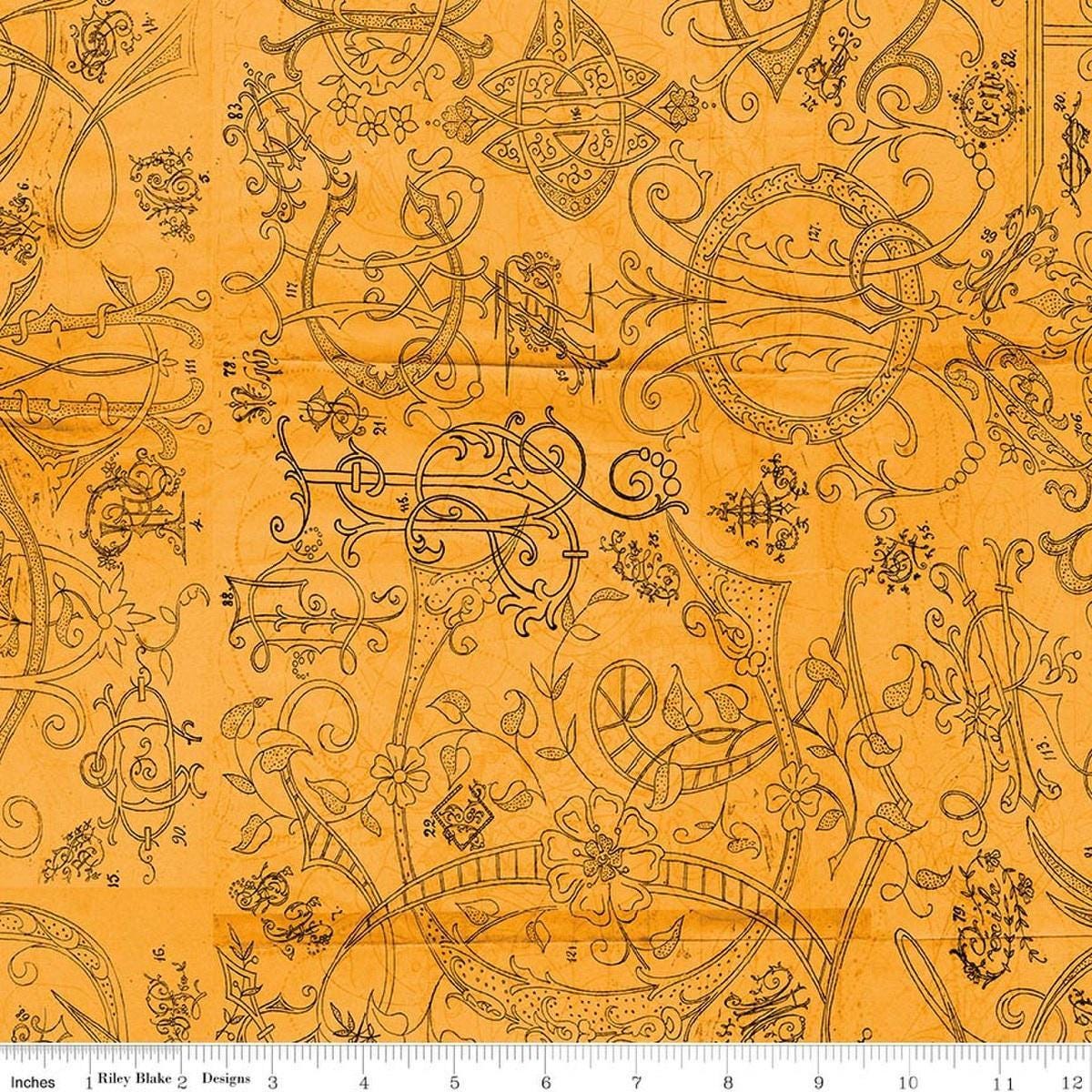 Image of Scary Scraps Scary Stiches Orange quilting cotton fabric by J Wecker Frisch for Riley Blake Designs. Features vintage on an orange background. Cute Little Fabric Shop.