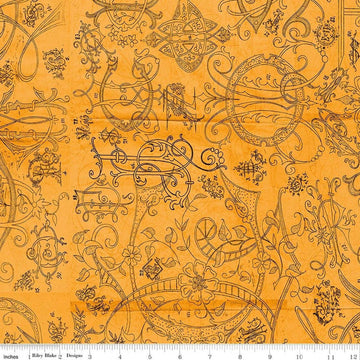 Image of Scary Scraps Scary Stiches Orange quilting cotton fabric by J Wecker Frisch for Riley Blake Designs. Features vintage on an orange background. Cute Little Fabric Shop.