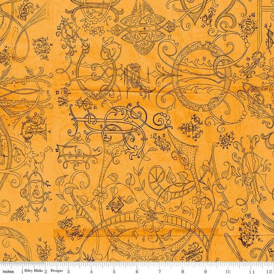 Image of Scary Scraps Scary Stiches Orange quilting cotton fabric by J Wecker Frisch for Riley Blake Designs. Features vintage on an orange background. Cute Little Fabric Shop.