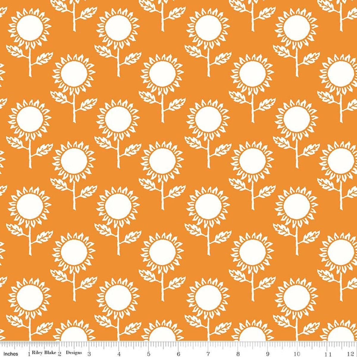 Image of Scary Scraps Fall Fields Orange quilting cotton fabric by J Wecker Frisch for Riley Blake Designs. Features sunflowers on an orange background. Cute Little Fabric Shop.
